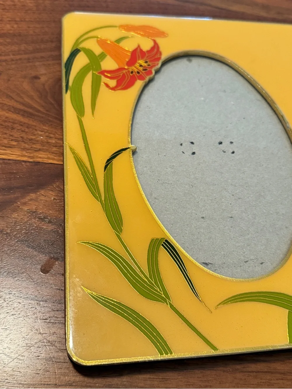80S Cloisonne Enamel Lily Photo Picture Frame Yellow Orange Floral Flower